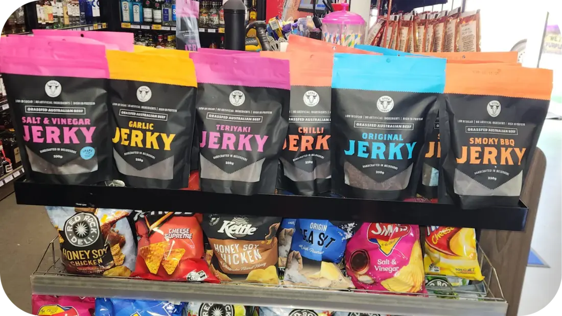Beef jerky packs in six flavours on display at 3099 Jerky, showcasing Aussie-made snack options.