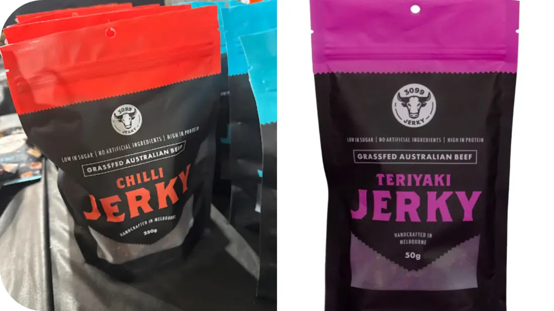 3099 Jerky packs of Chilli and Teriyaki flavours side by side, showcasing spicy heat versus sweet savoury taste in bold packaging.